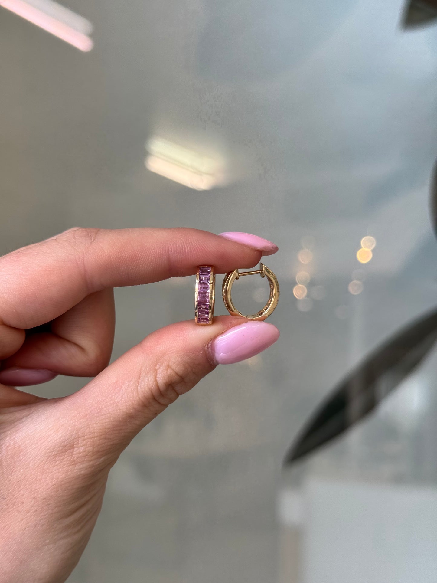 Baguette Pink Sapphire Huggies