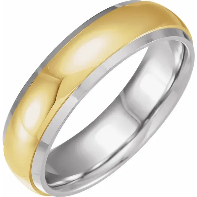 A two-tone metal band ring featuring a polished yellow gold center channel bordered by a silver-colored metal edge, shown on a plain white background.