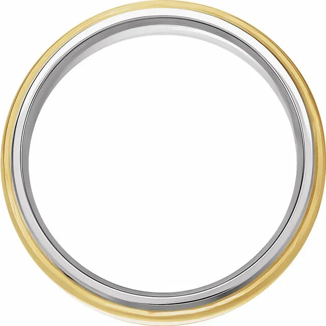 A two-tone metal ring with a polished yellow gold outer band and a silver inner band, shown against a plain white background.