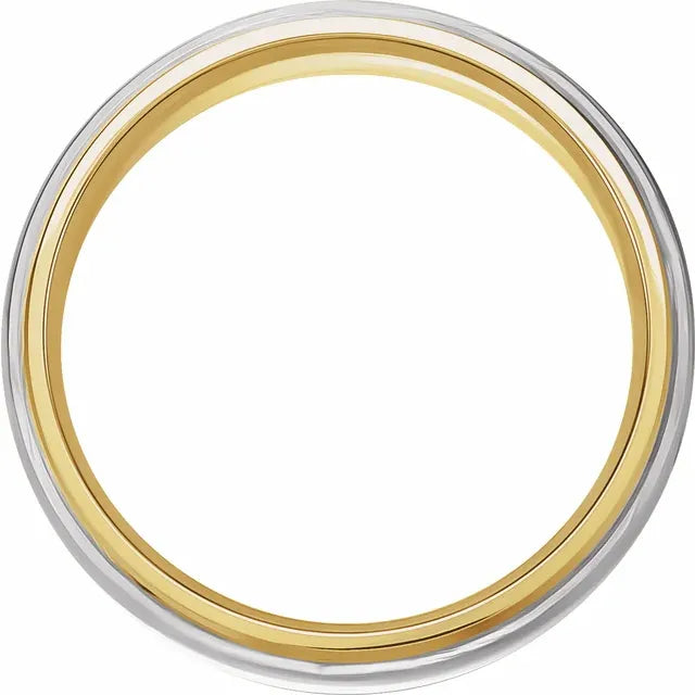 A two-tone metal band ring with a polished yellow gold inner band and a silver-toned outer rim, shown on a plain white background.