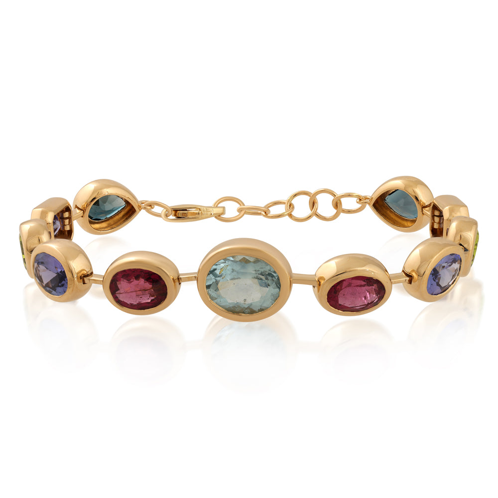 14K Gold Multicolor Gemstone Bezel Bracelet