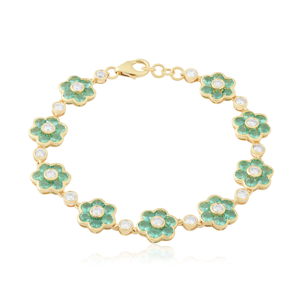 14K Gold Green Emerald Flower Tennis Bracelet