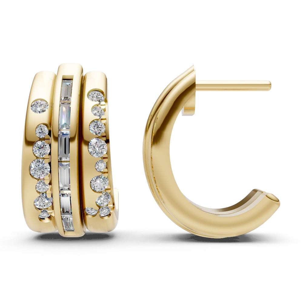 14K Gold Triple-Row Diamond Crescent Hoops