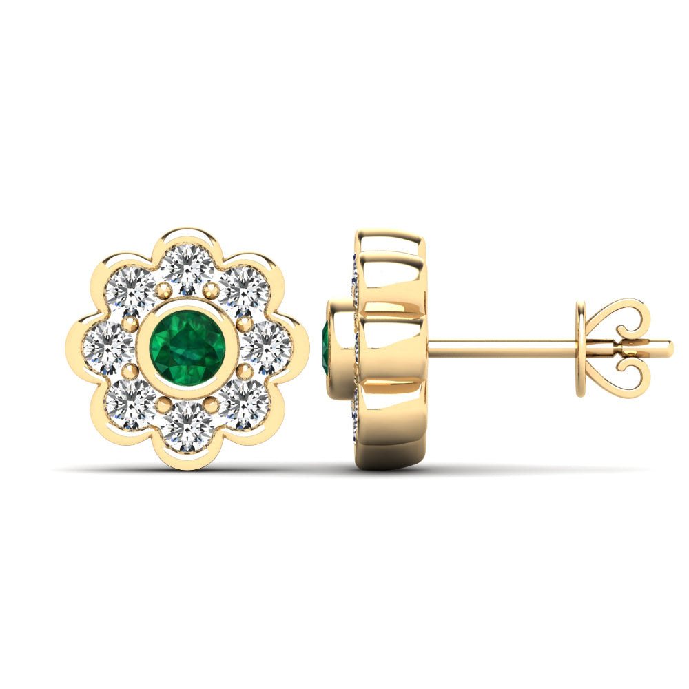 14K Gold Emerald & Diamond Flower Stud Earrings