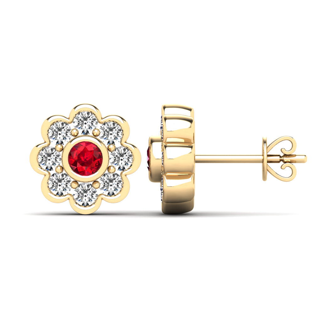 14K Gold Ruby & Diamond Flower Stud Earrings