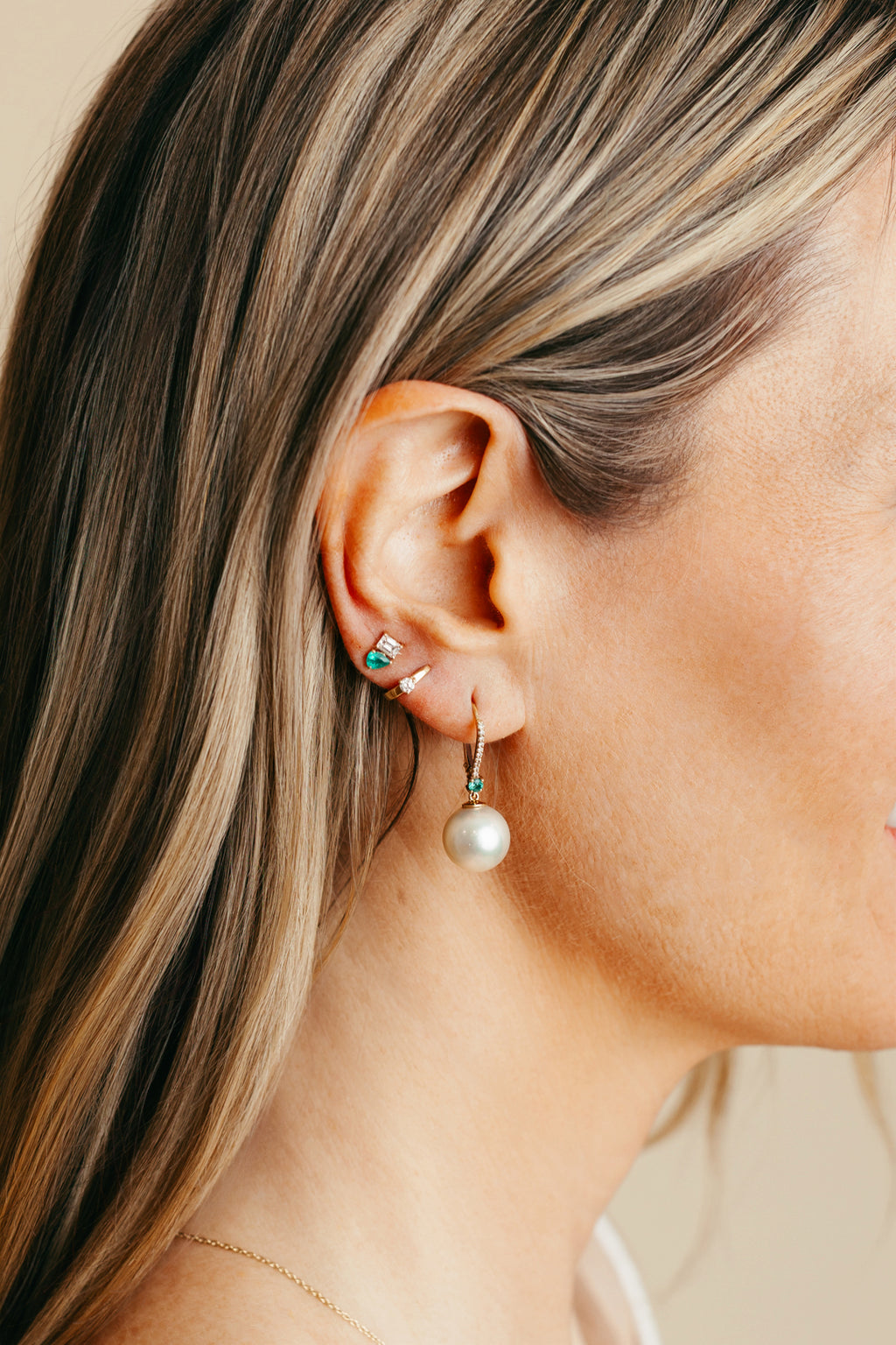 Diamond Leverback with Emerald and Pearl Drop