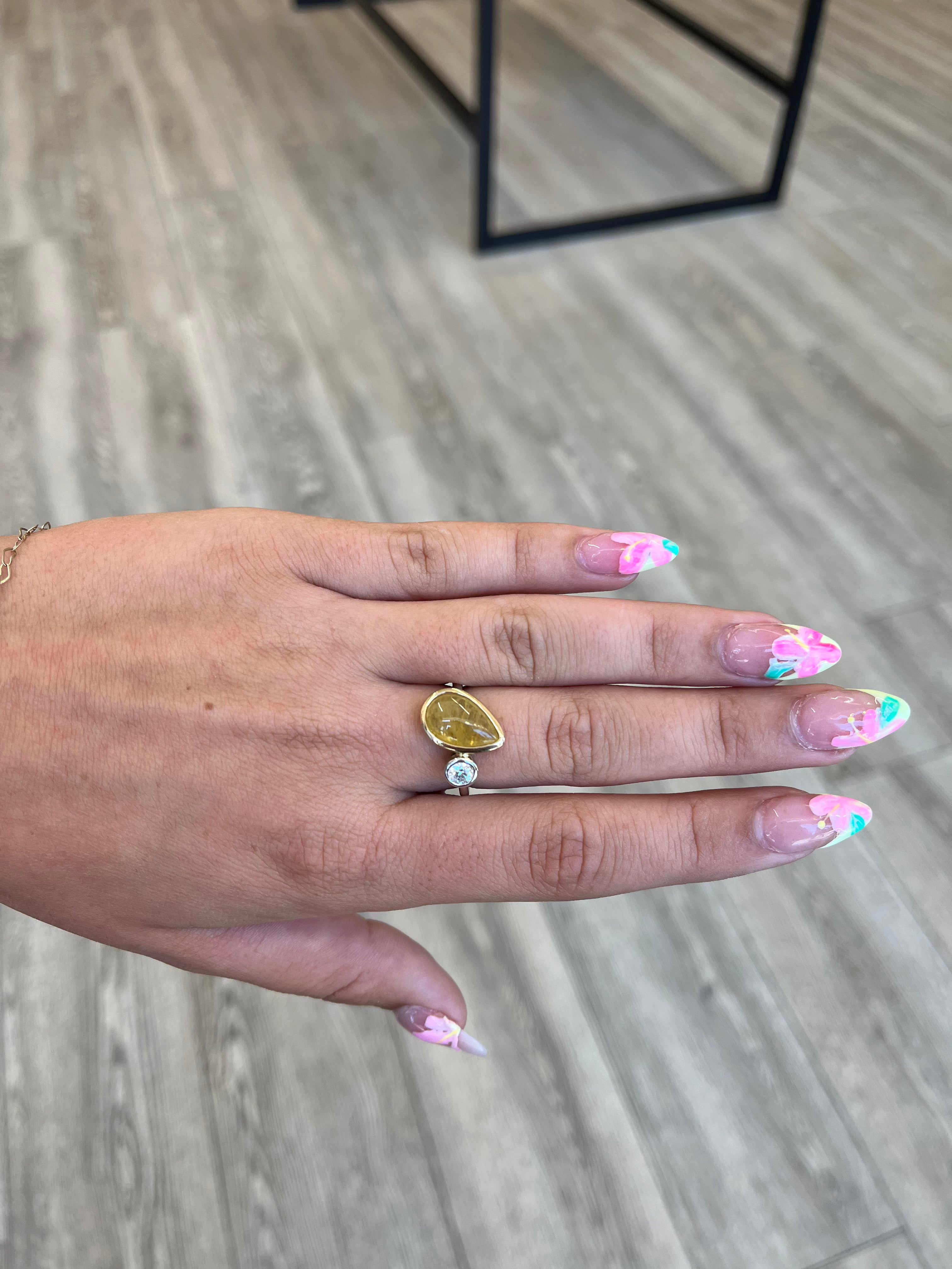 Yellow Sapphire Pear and Diamond Bezel Ring