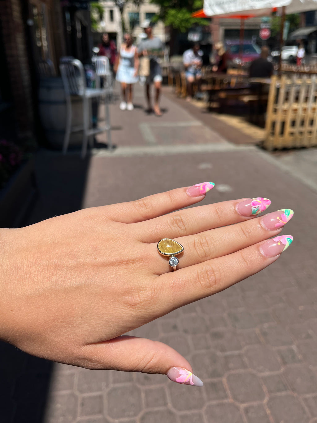 Yellow Sapphire Pear and Diamond Bezel Ring