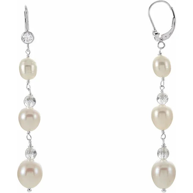 Freshwater Pearl and CZ Dangle Earrings
