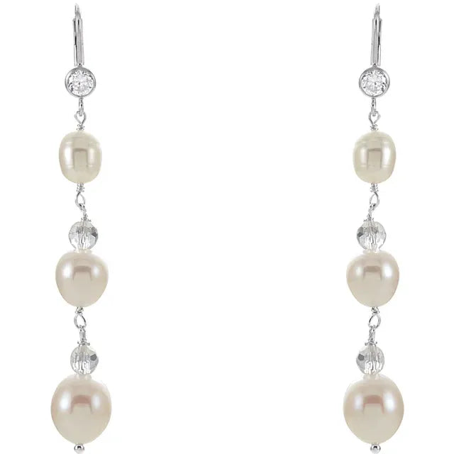 Freshwater Pearl and CZ Dangle Earrings
