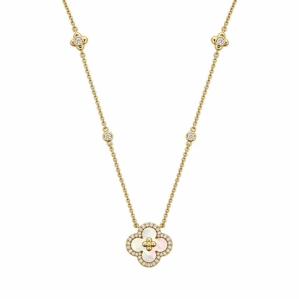 14K Gold Mother-of-Pearl Flower Diamond Necklace