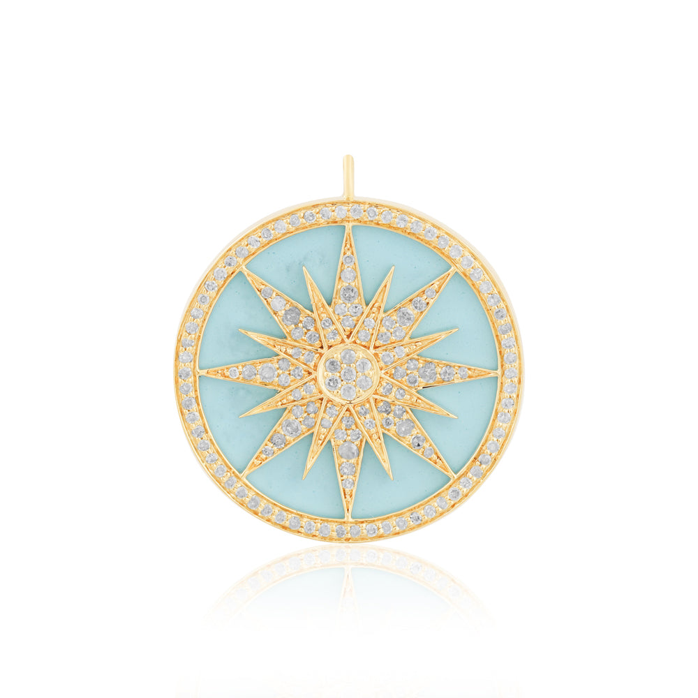 14K Diamond Pendant, 1.05", Turquoise 10.12 CTW Round
