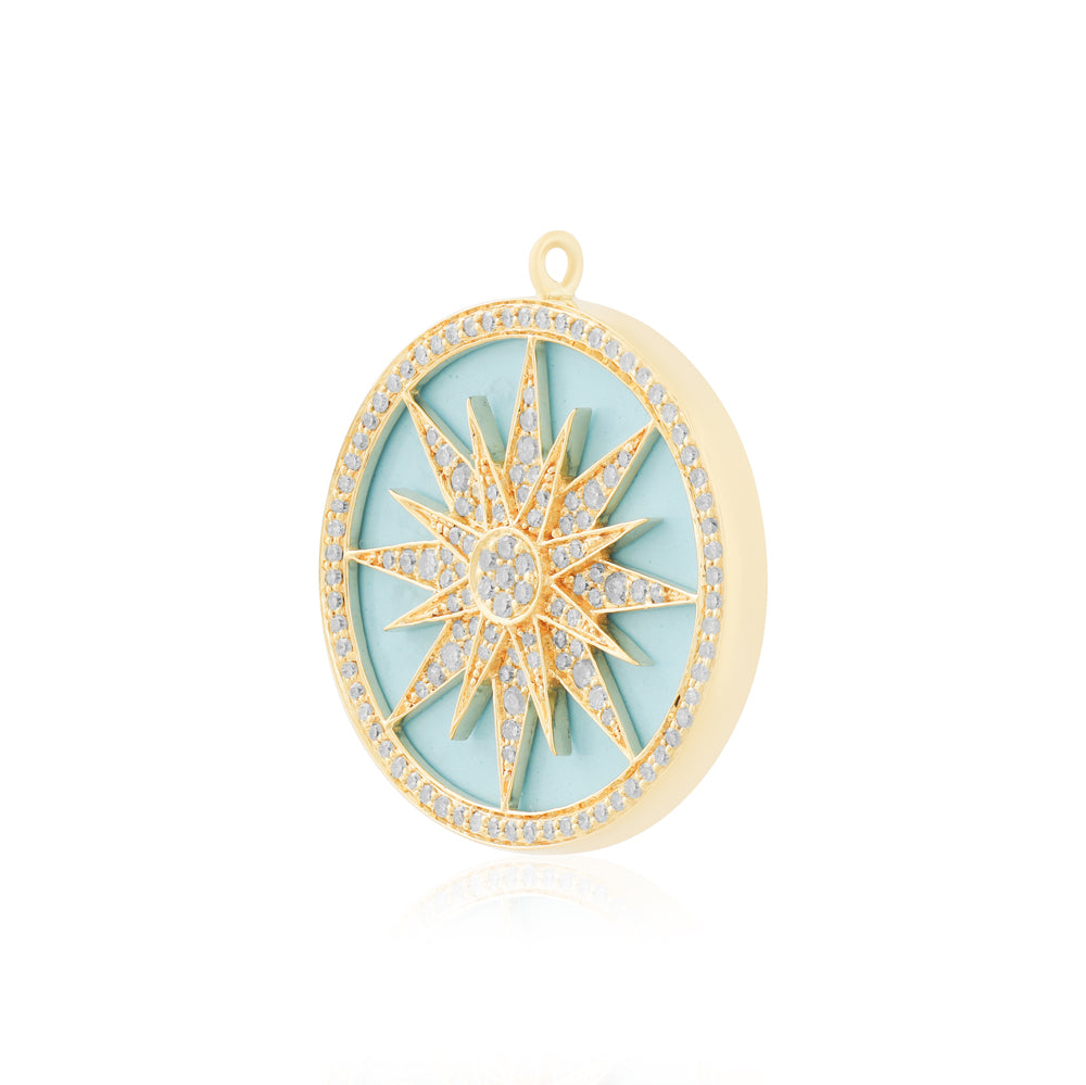 14K Diamond Pendant, 1.05", Turquoise 10.12 CTW Round