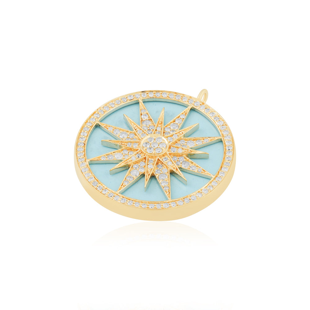 14K Diamond Pendant, 1.05", Turquoise 10.12 CTW Round