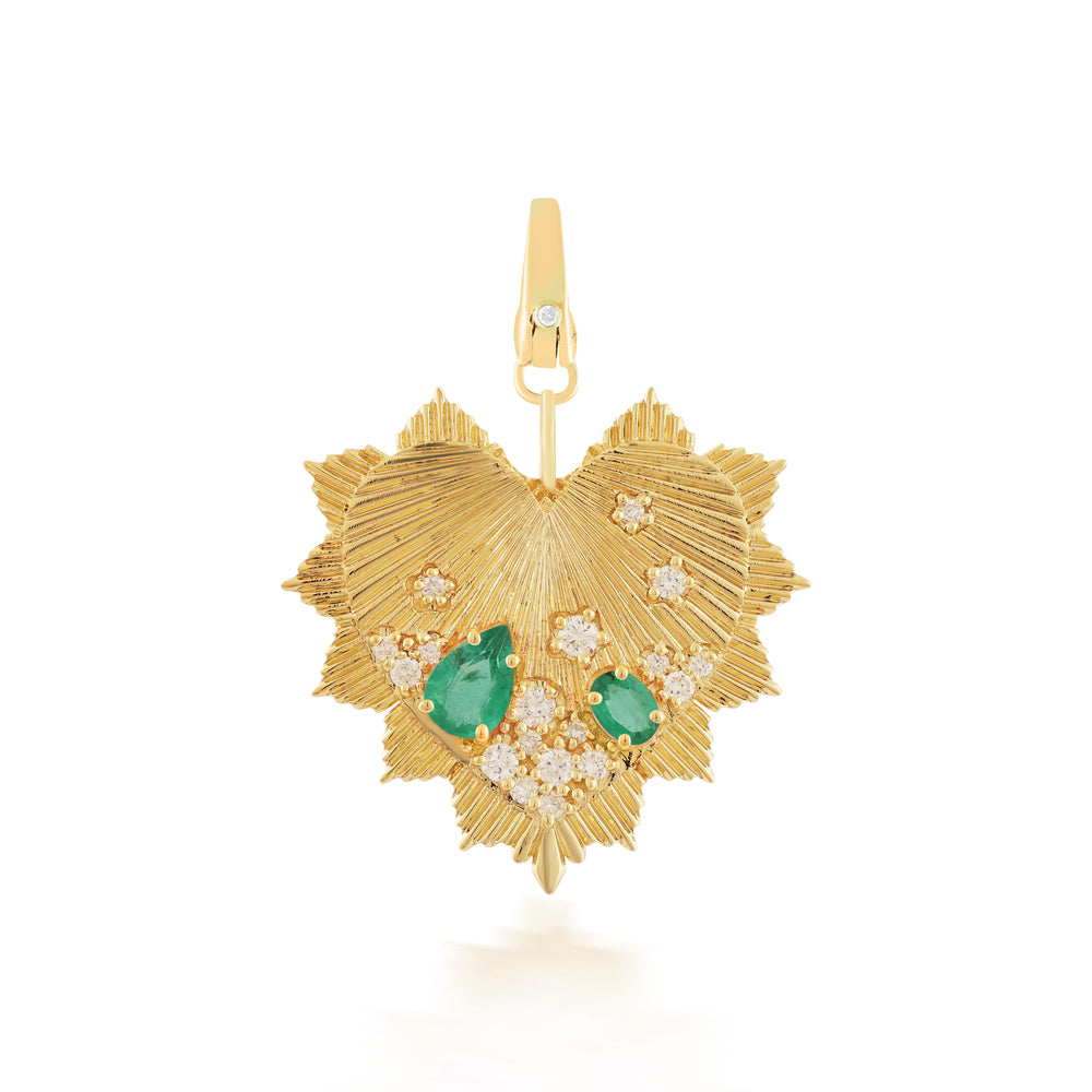 14K Gold Emerald Diamond Sunburst Flower Pendant