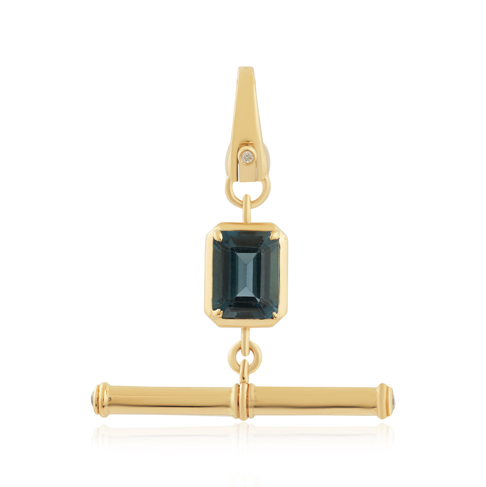 14K Gold Blue Topaz Diamond Bar Drop Pendant