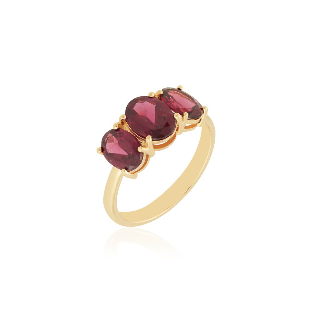 14K Gold Rhodolite Garnet Three-Stone Ring