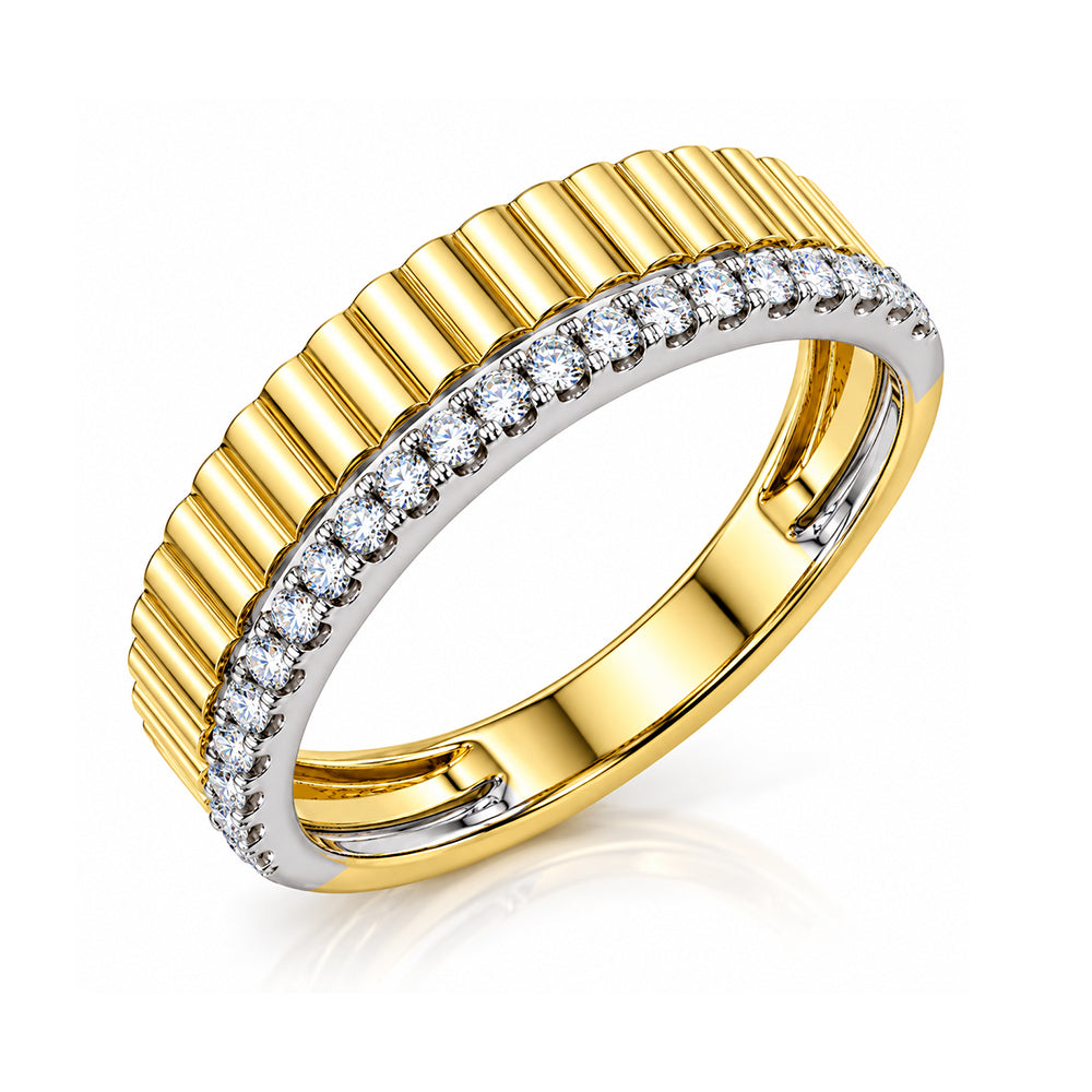 14K Gold Ribbed Gold & Diamond Band Ring