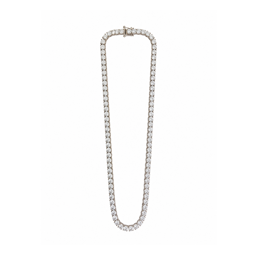 A silver tennis necklace paved with clear round-cut gemstones, shown on a plain white background.