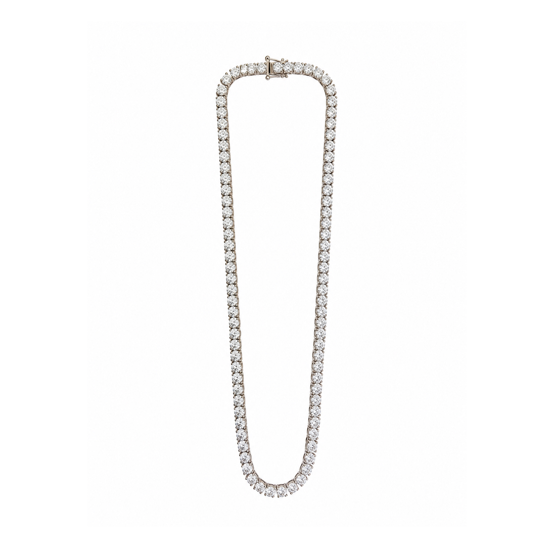 A silver tennis necklace paved with clear round-cut gemstones, shown on a plain white background.