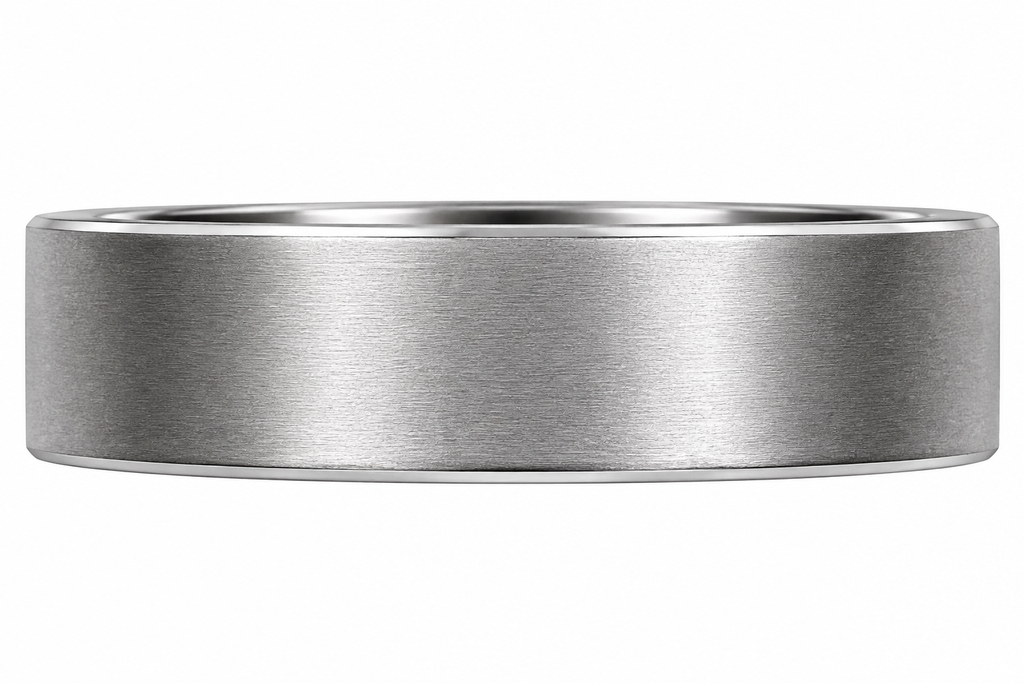 Flat tungsten ring band shown horizontally on a white background