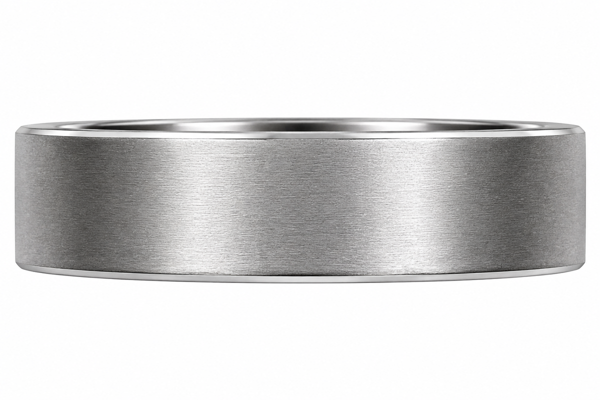 Flat tungsten ring band shown horizontally on a white background