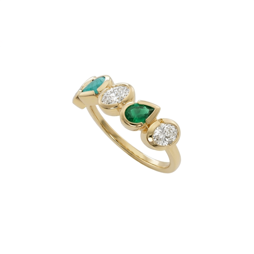 Alternating Bezel Emerald Diamond Ring, angled view