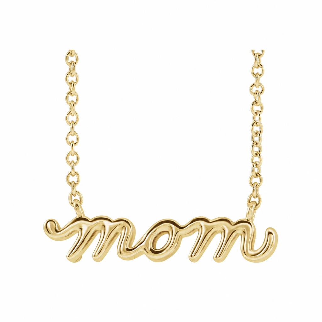 14K gold petite mom script necklace on a white background