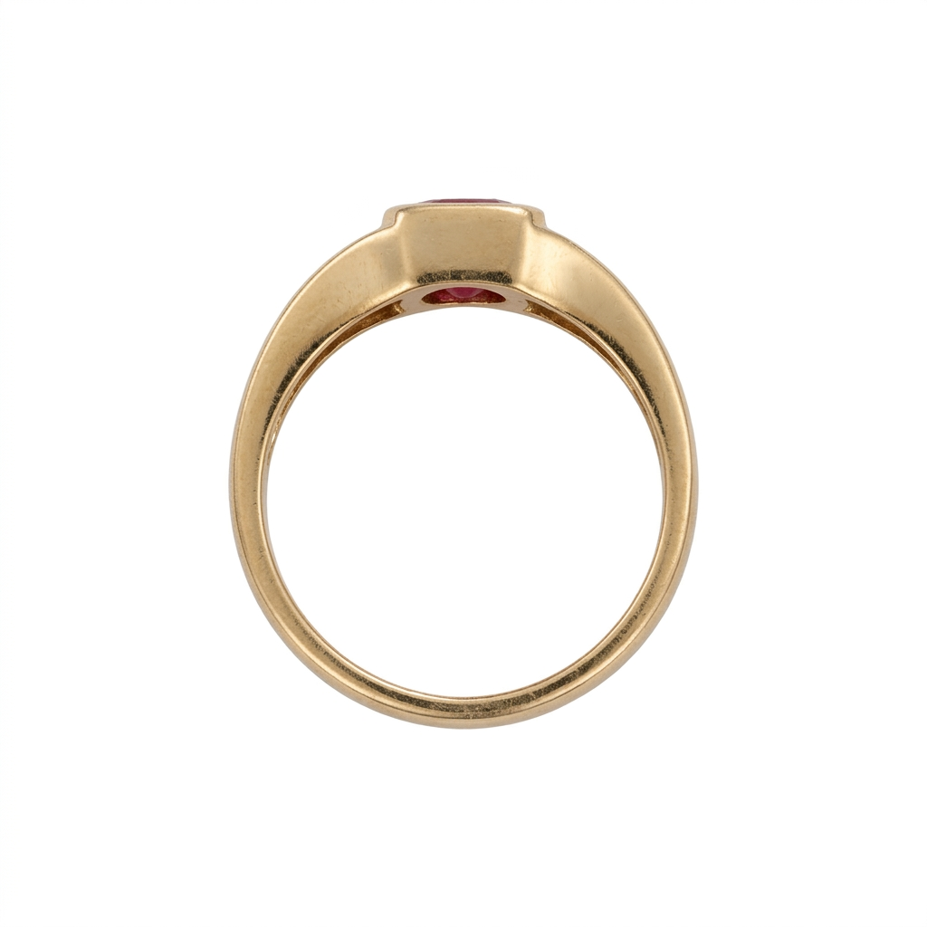 Ruby Signet Ring rear view showing the yellow gold band and open back of the setting on a white background