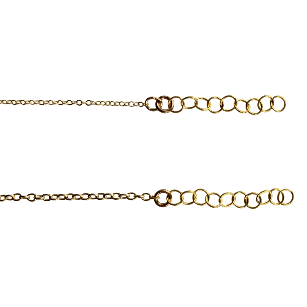 Two gold-toned chain extenders with oval and round links, arranged horizontally on a white background.