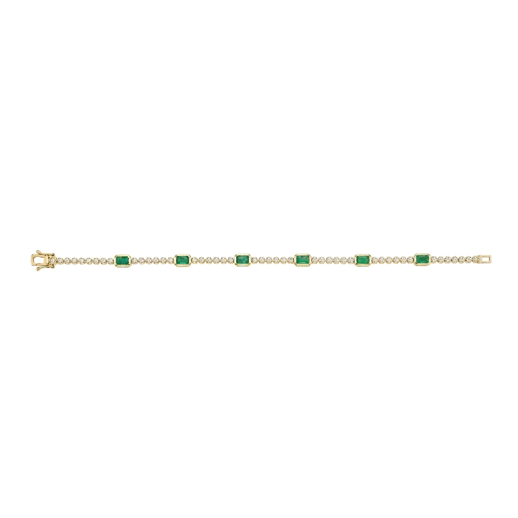 Emerald and Diamond Tennis Bracelet, full-length horizontal view on a white background