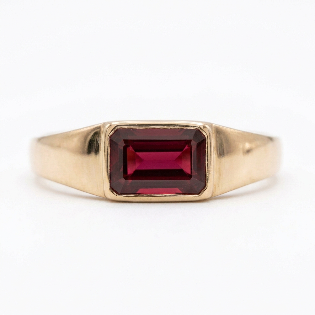 Ruby Signet Ring with a rectangular red ruby in a yellow gold bezel setting on a white background