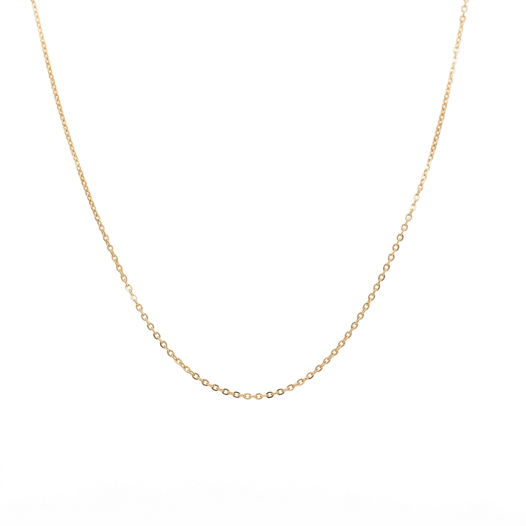 Gold Dainty Chain with fine oval links draped in a U shape on a white background.