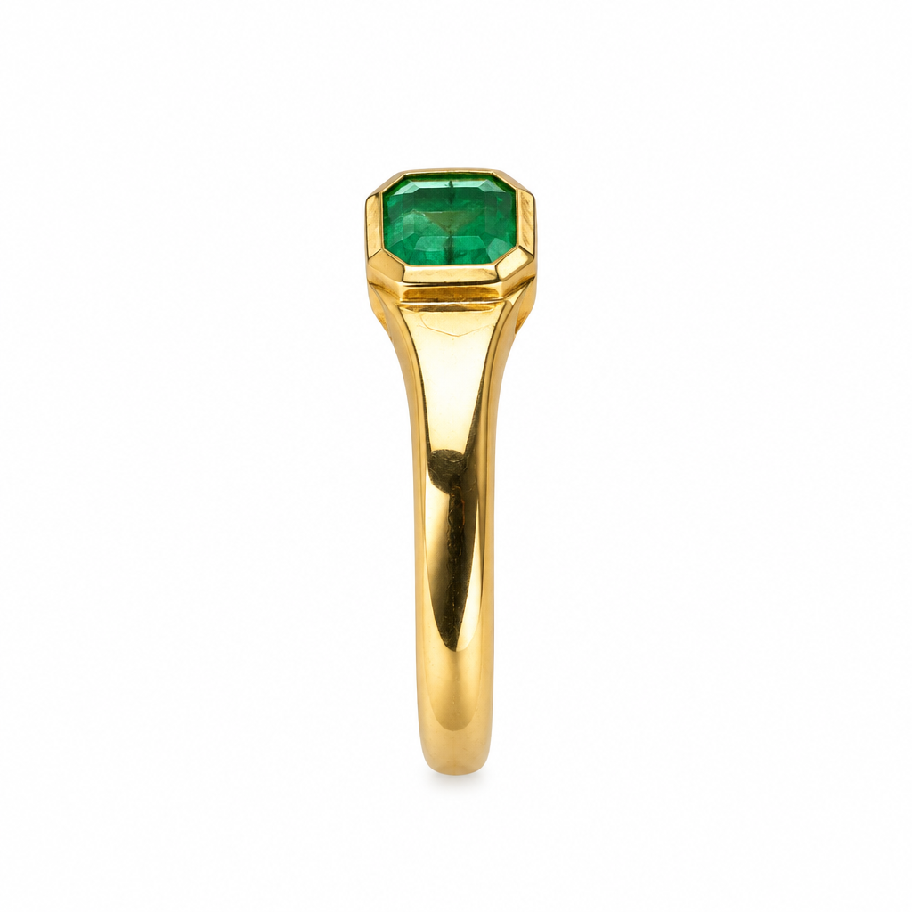 Setting profile of emerald bezel ring on white background