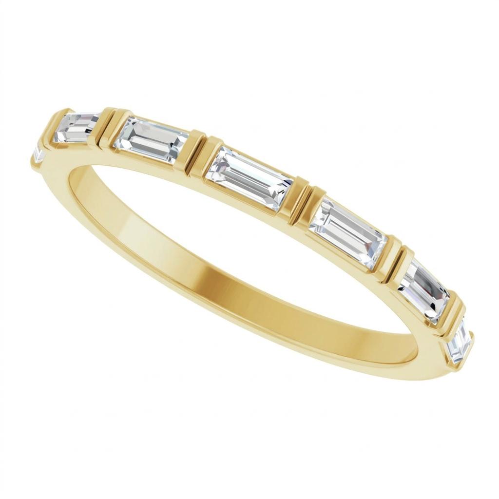 14K yellow gold baguette lab-grown diamond anniversary band, angled view
