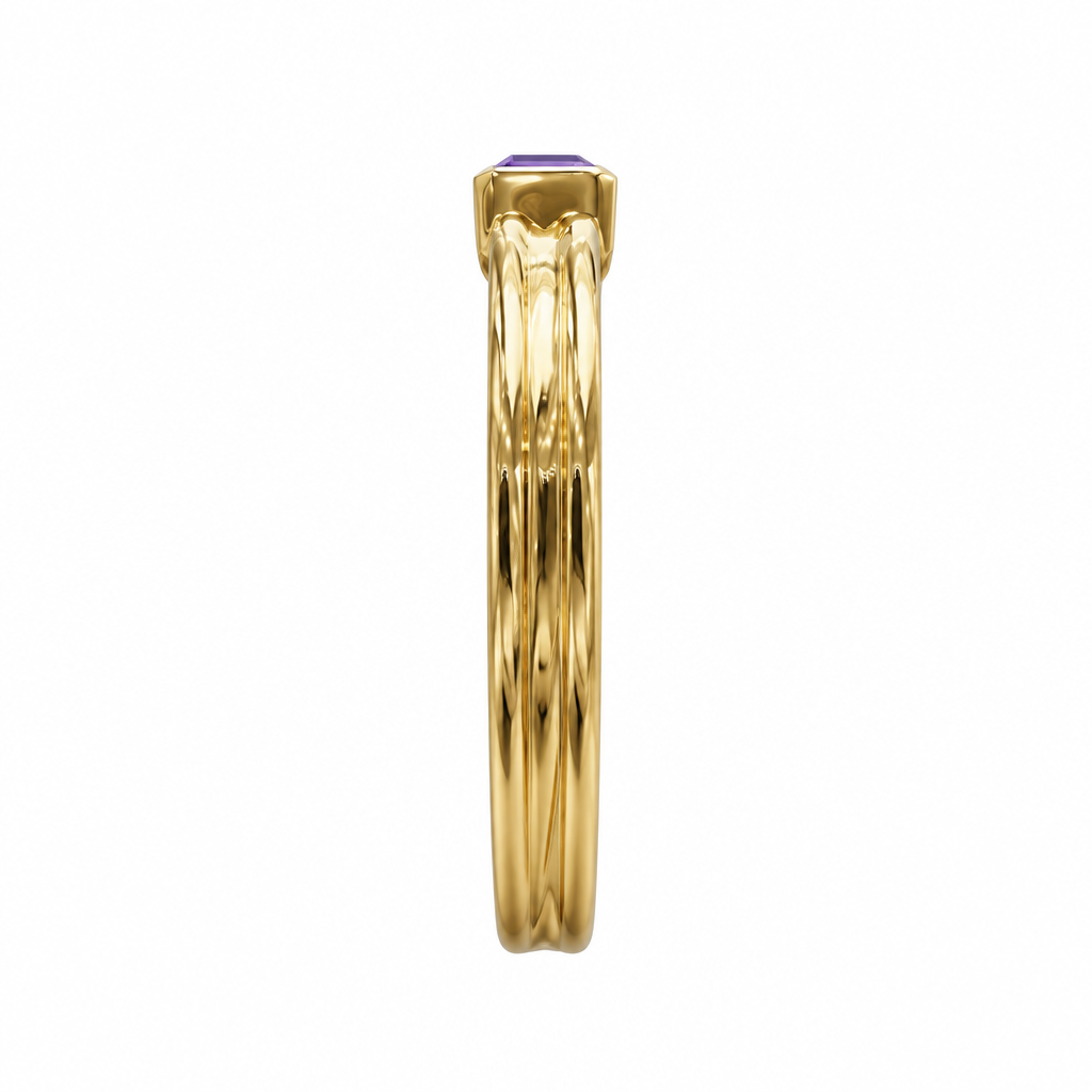 Profile view of amethyst bezel ring without hand on white background