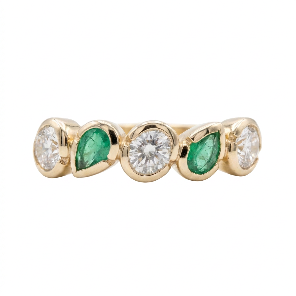 Alternating Bezel Emerald Diamond Ring, front view