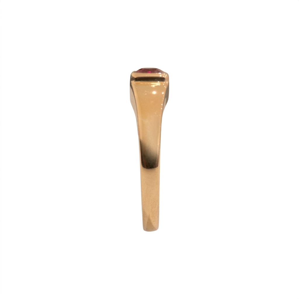 Ruby Signet Ring side profile in yellow gold on a white background